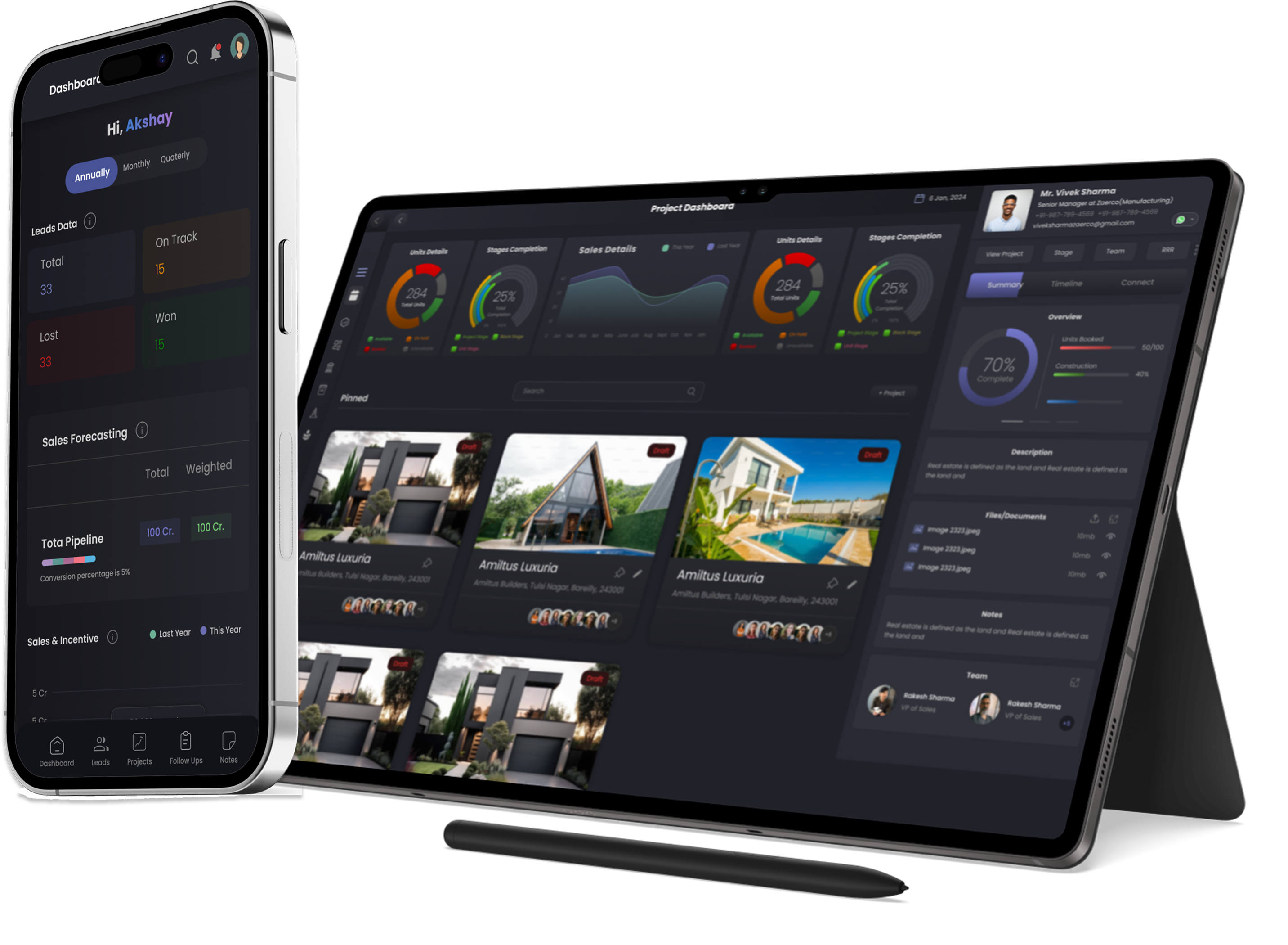 Dashboard showing property inventory on tablet and phone