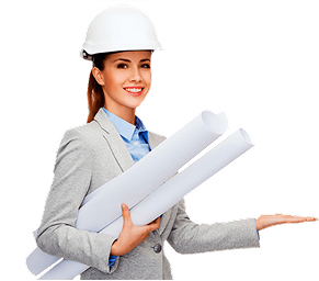 Architect with white hard hat holding blueprints