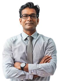 Customer in business attire with arms crossed